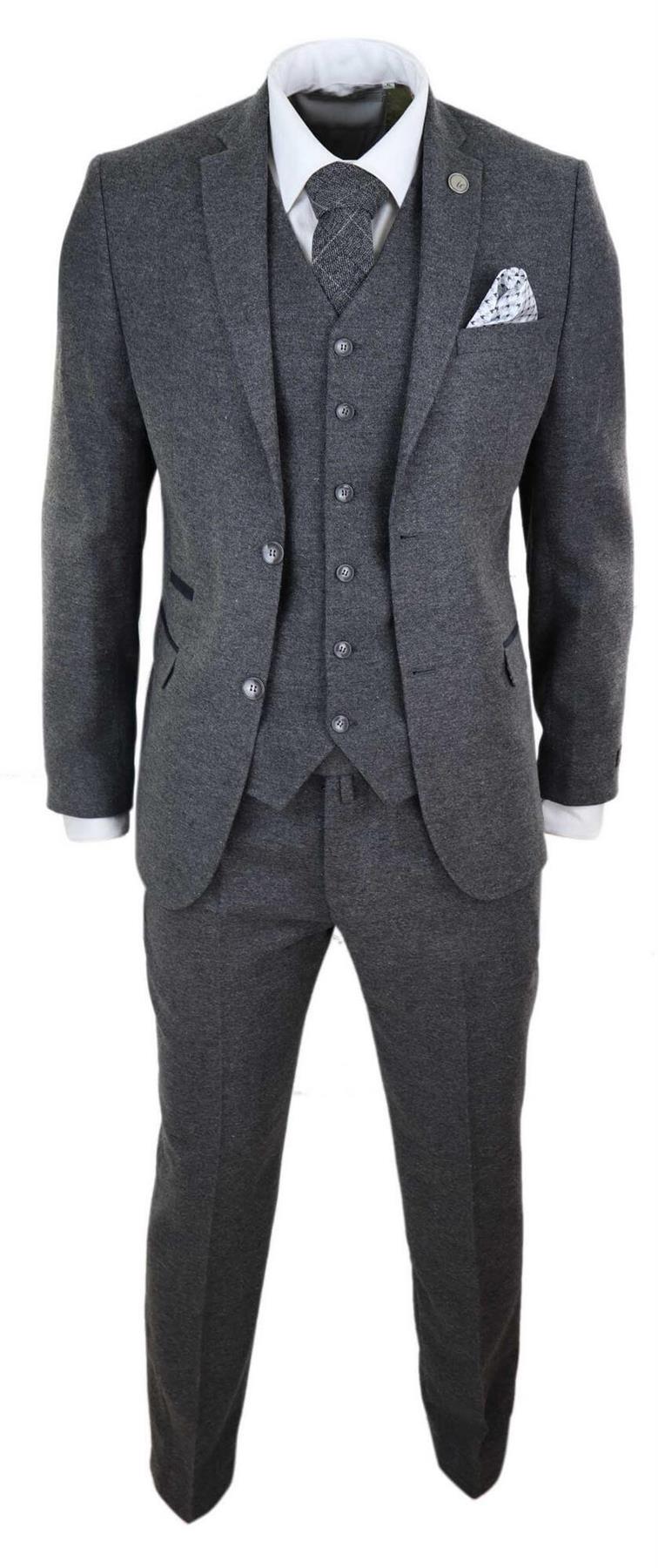 Mens 3 Piece Grey Wool Tweed Vintage Retro Suit - Upperclass Fashions 