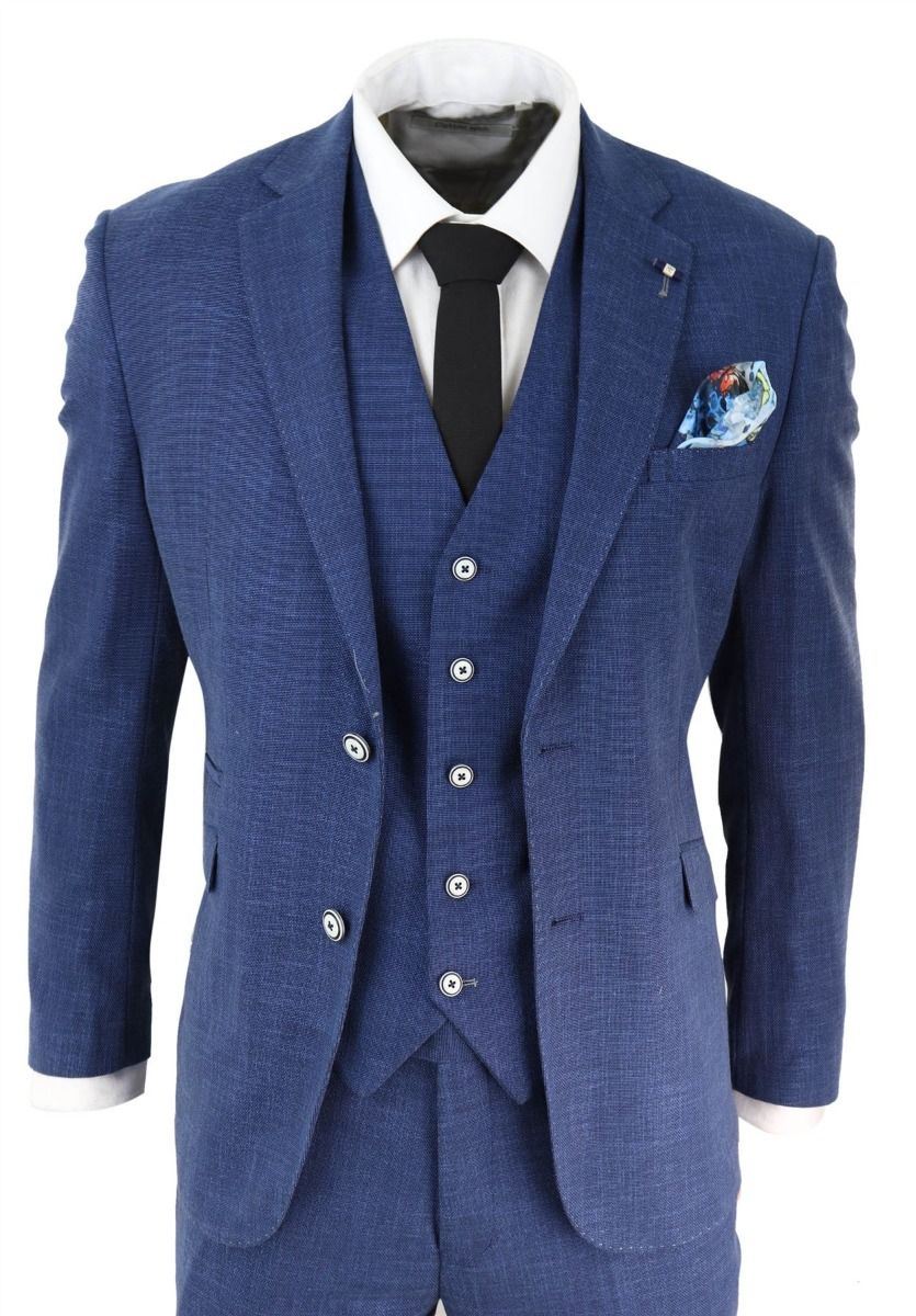 Mens 3 Piece Blue Linen Summer Spring Classic Suit - Upperclass Fashions 