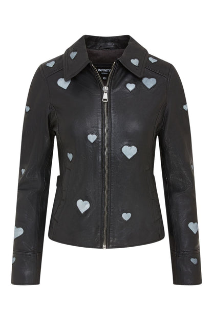 Women’s Black Leather Hearts Biker Jacket  - Wynyard