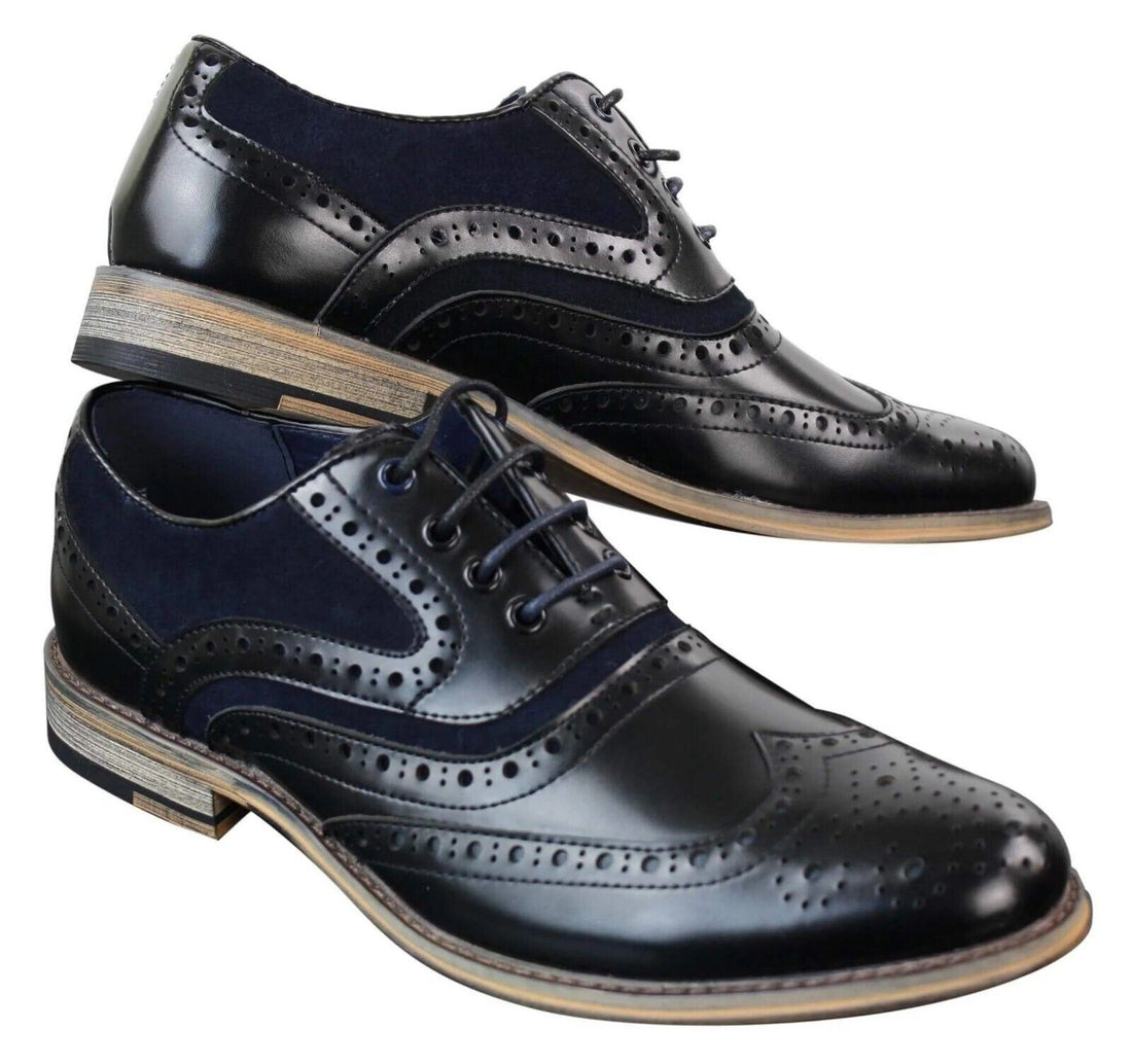 Mens Classic Navy Suede Oxford Brogue Shoes in Black Leather - Upperclass Fashions 