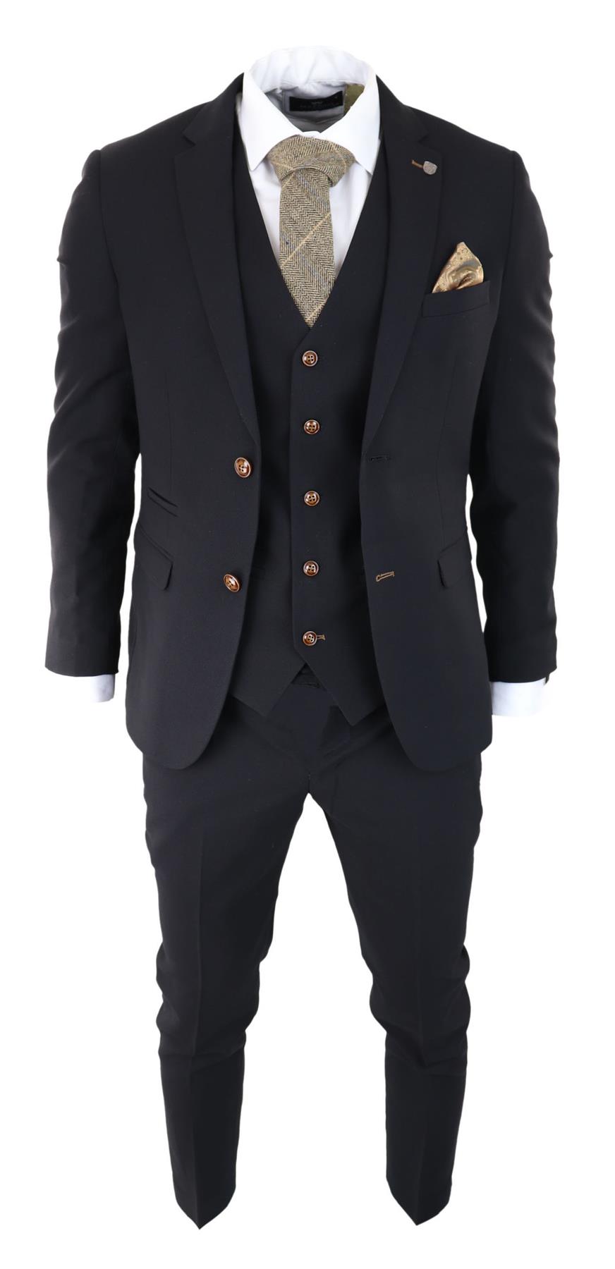 Mens Black 3 piece Suit Brown Trim Classic Birdseye Vintage Wedding Grooms