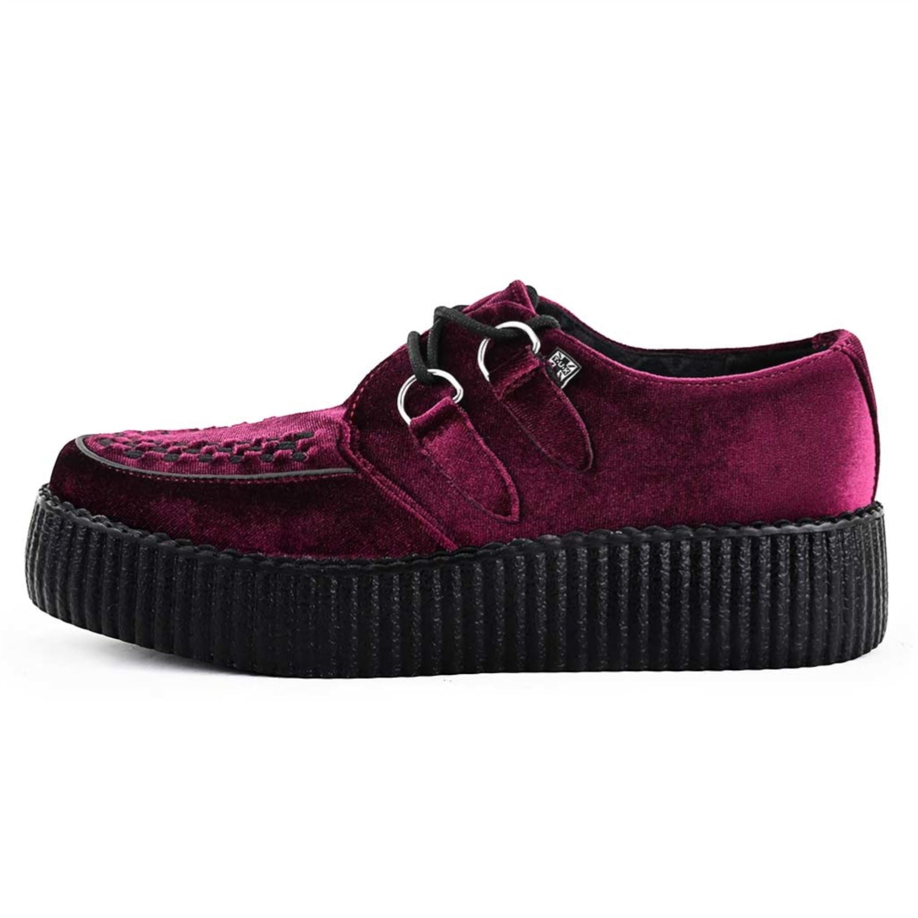 TUK Viva High Creeper Burgundy Velvet Platform Lace-Up Goth Shoes - AV6802