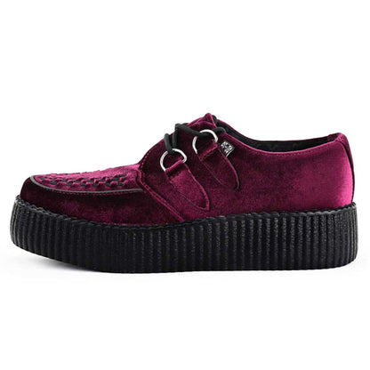 TUK Viva High Creeper Burgundy Velvet Platform Lace-Up Goth Shoes - AV6802