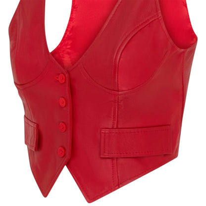 Womens Red Leather Waistcoat Biker Vest - MAM-WC
