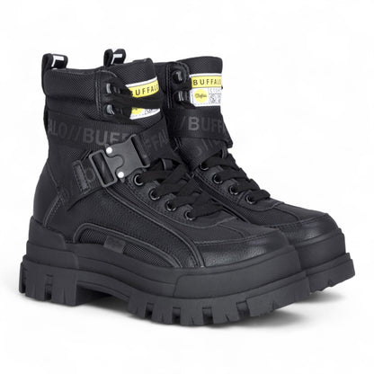 Buffalo Womens Black Chunky Platform High Ankle Combat Boots - ASPHA-COM1