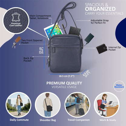 Genuine Leather Navy Vintage Messenger Crossbody Travel Bag - Hawthrone