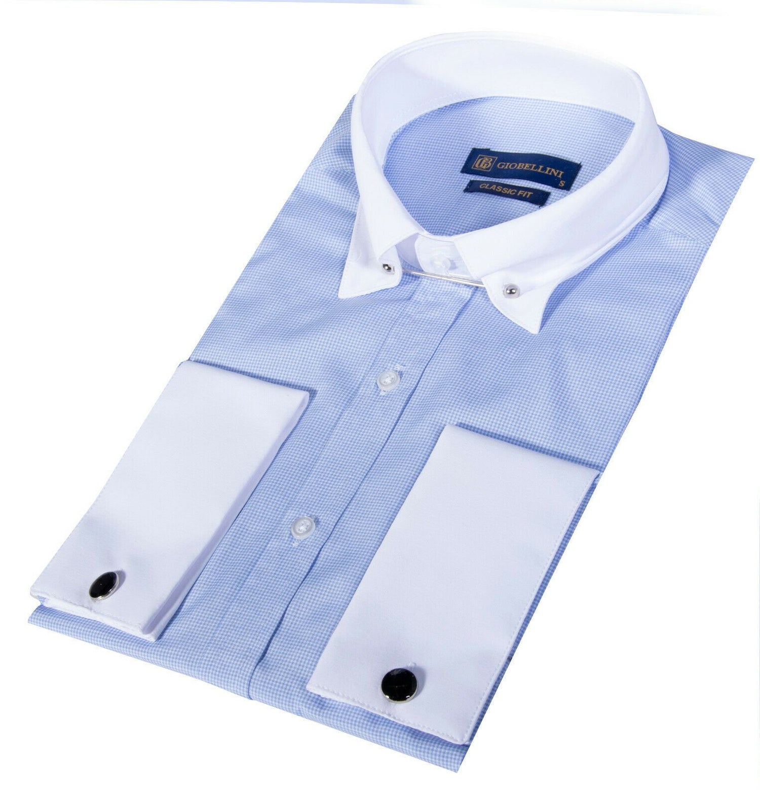 Mens Club Collar Blue Shirt 1920s Peaky Blinders With Bar Poplin Pin Smart