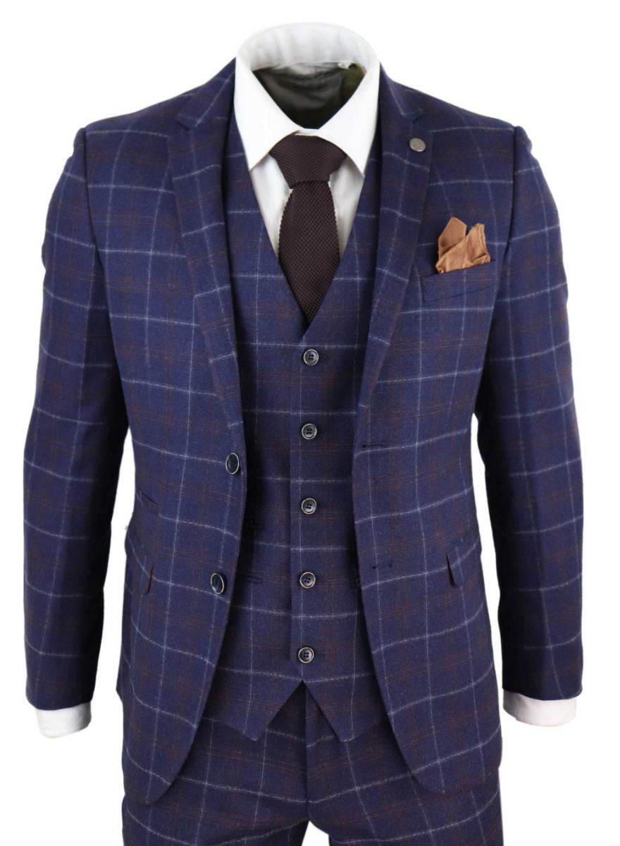 Mens 3 Piece Navy Blue Wool Check Retro Suit