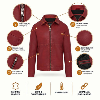 Mens Leather Harrington Collar Biker Jacket - Alpha
