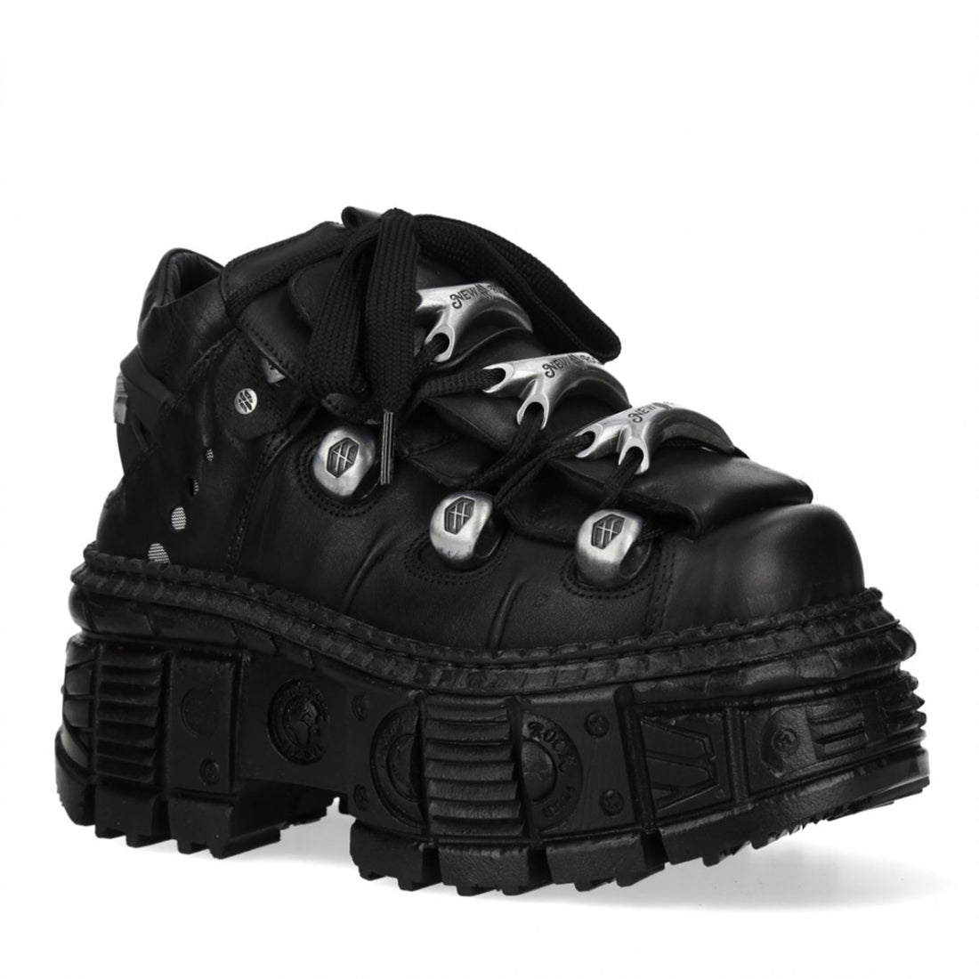 New Rock M-OVERZ106B-C1 Metallic Chunky Black Leather Gothic Ankle Boots