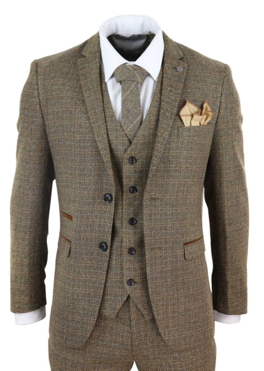 Mens 3 Piece Brown Tweed Check Vintage Retro Suit - Upperclass Fashions 