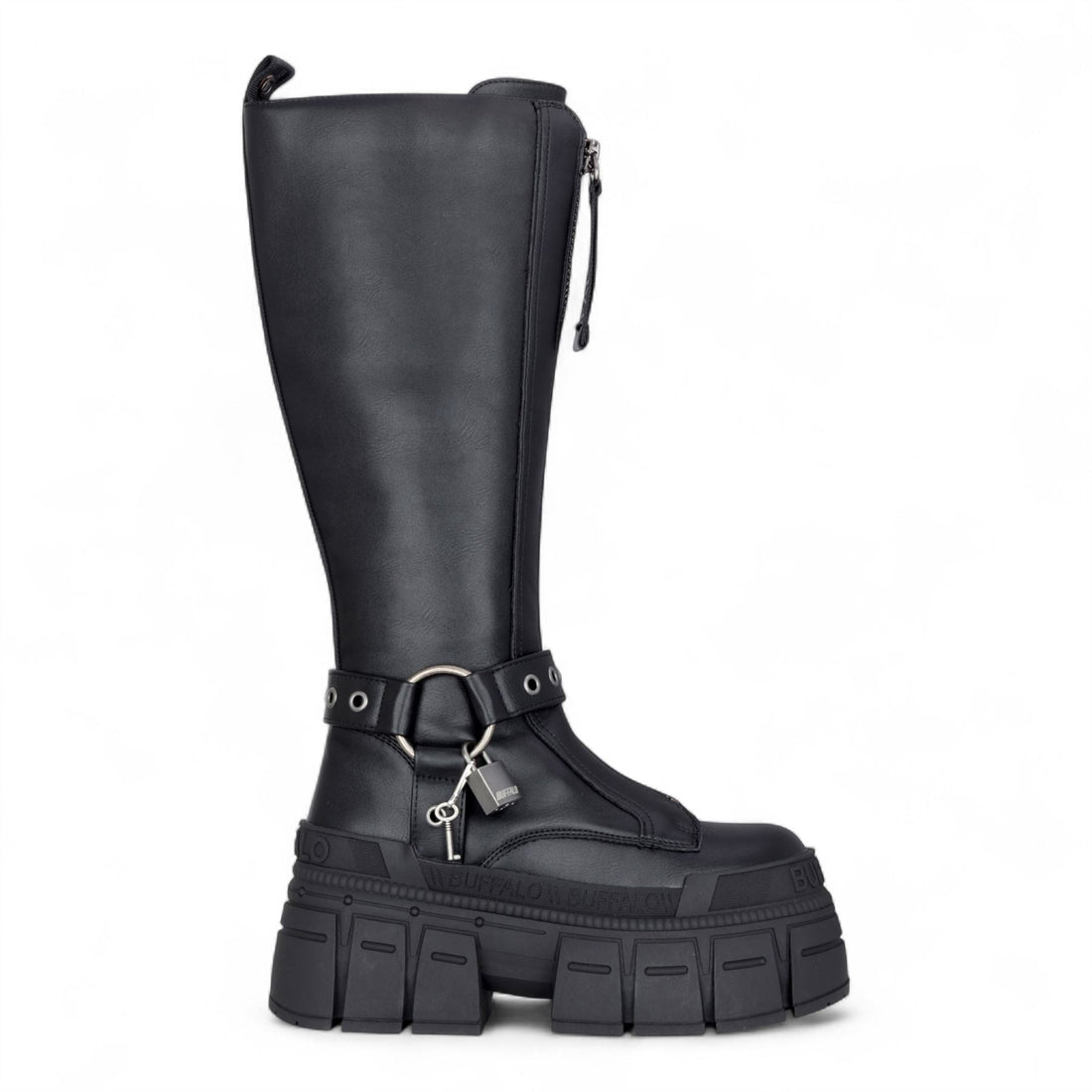 Buffalo Womens Biker Knee High Black Chunky Goth Platform Boots - Gospher Hi