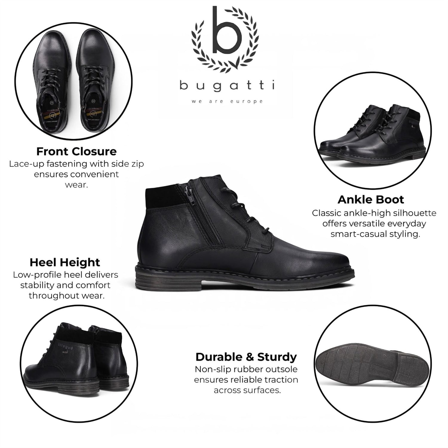 Bugatti Mens Black Leather Lace-up Chukka Ankle Boots - Rigalo Evo