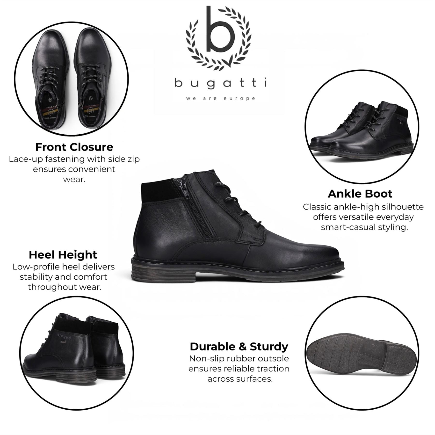 Bugatti Mens Black Leather Lace-up Chukka Ankle Boots - Rigalo Evo