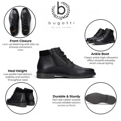 Bugatti Mens Black Leather Lace-up Chukka Ankle Boots - Rigalo Evo