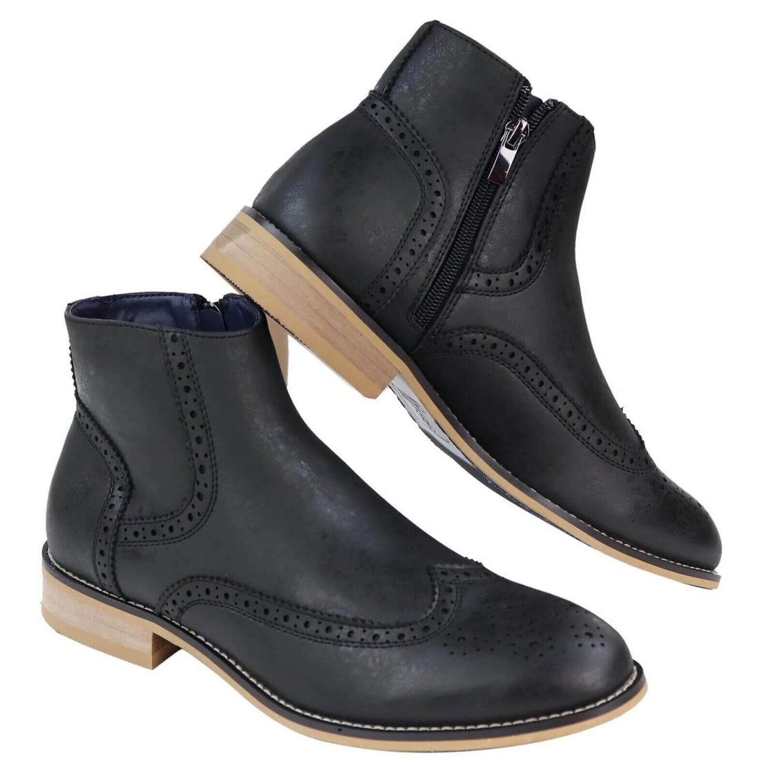 Mens Black Leather Brogue Zip Up Chelsea Boots