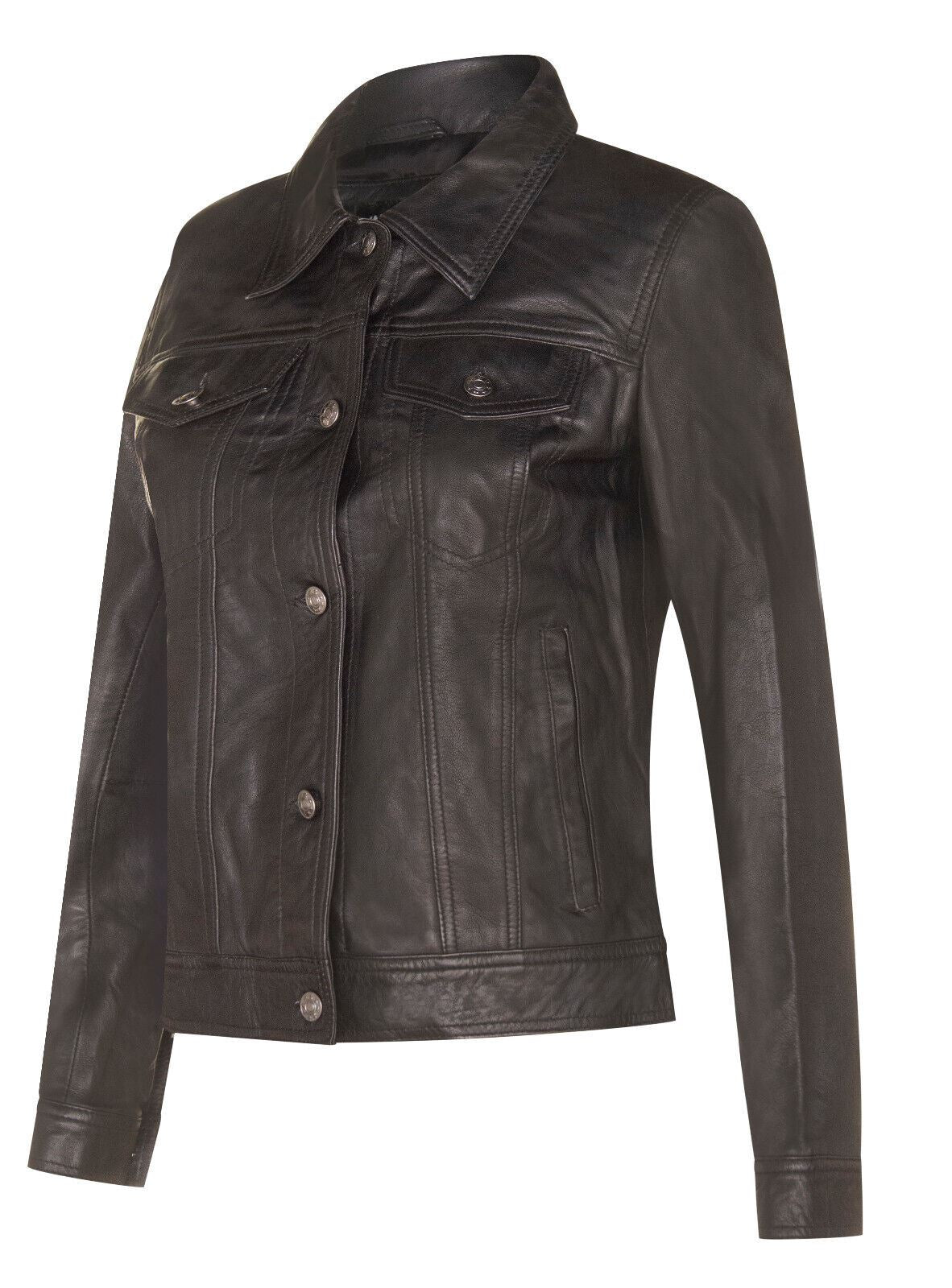 Womens Classic Leather Trucker Jeans Jacket-Nelson