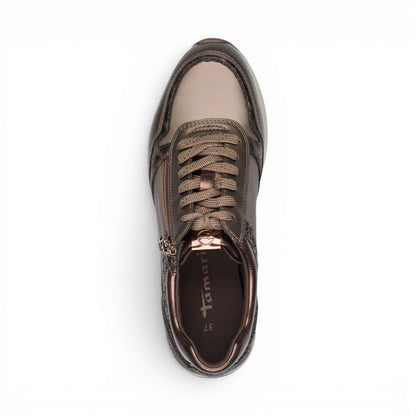 Tamaris Womens Taupe Faux Leather Fashion Lace Up Sneakers - 23613-46