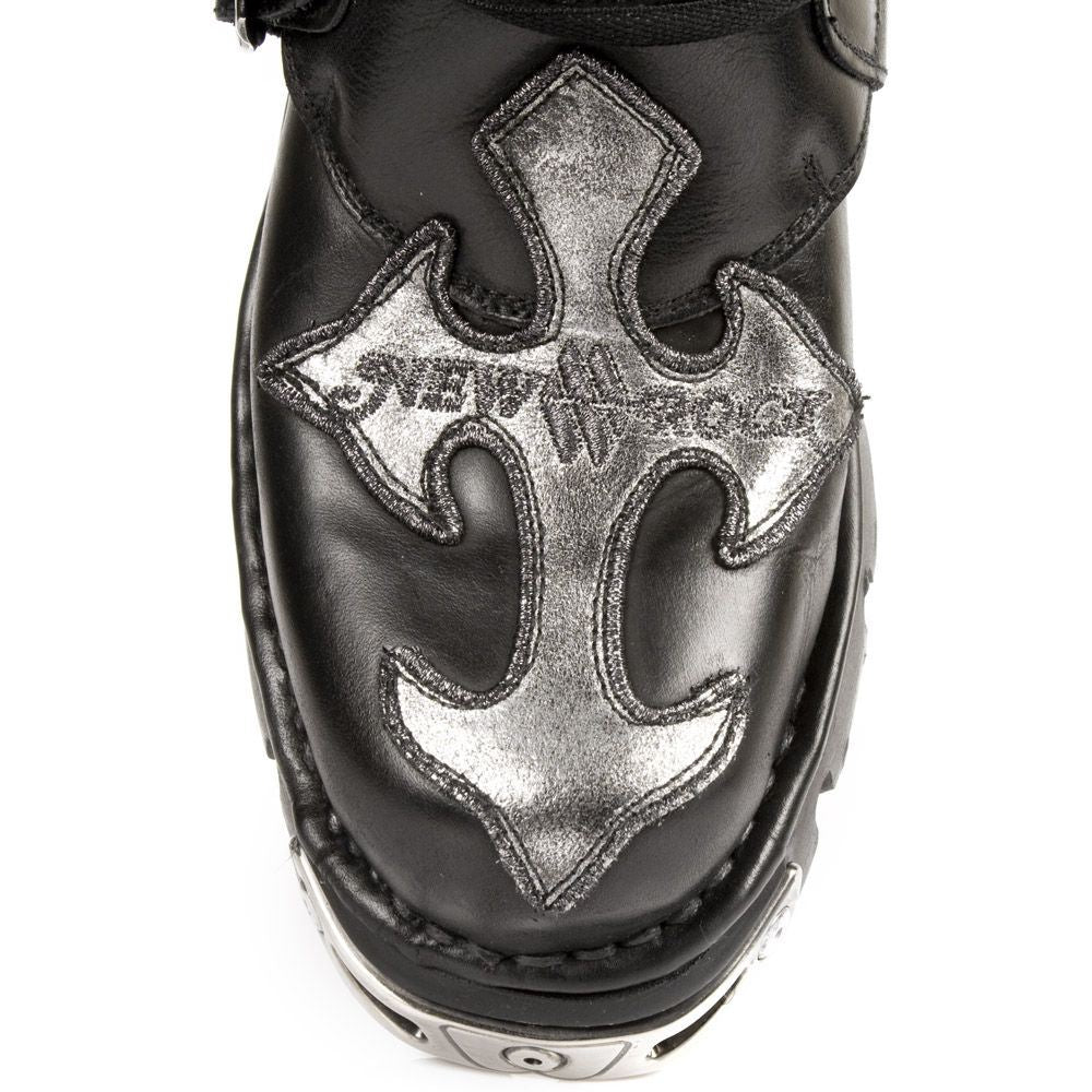 New Rock Silver Cross Black Leather Biker Boots-407-S1 - Upperclass Fashions 