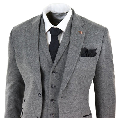 Mens 3 Piece Dark Grey Herringbone Wool Tweed Retro Suit - Upperclass Fashions 