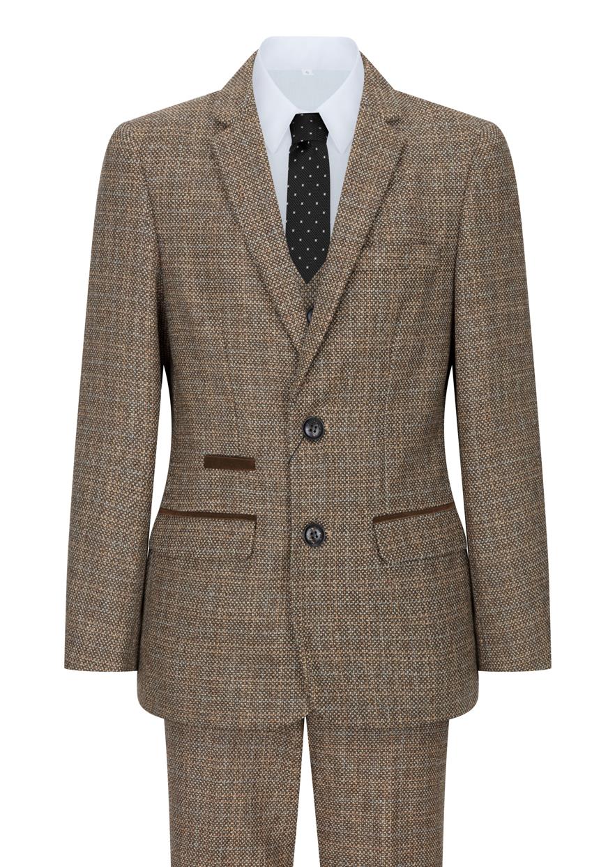 Boys 3 Piece Brown Tweed Check Vintage Retro Suit