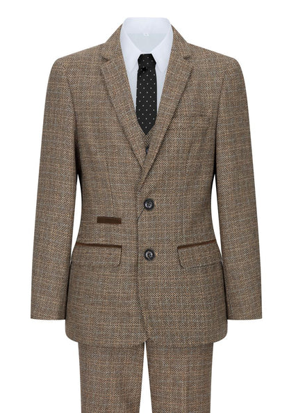Boys 3 Piece Brown Tweed Check Vintage Retro Suit