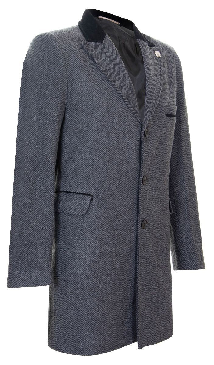 Mens 3/4 Long Grey Crombie Overcoat Jacket Herringbone Tweed Coat Peaky Blinder - Upperclass Fashions 