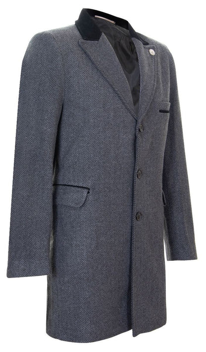 Mens 3/4 Long Grey Crombie Overcoat Jacket Herringbone Tweed Coat Peaky Blinder