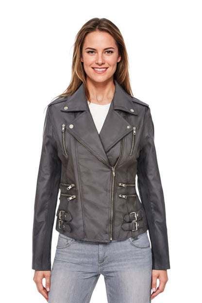 Womens Leather Brando Biker Jacket - Orlando