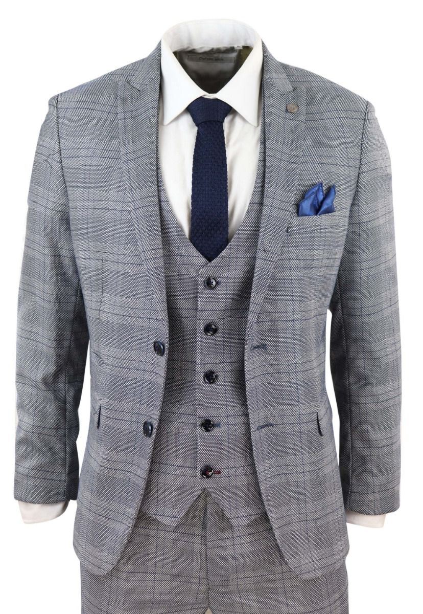 Mens 3 Piece Grey Birdseye Check Classic Suit - Upperclass Fashions 