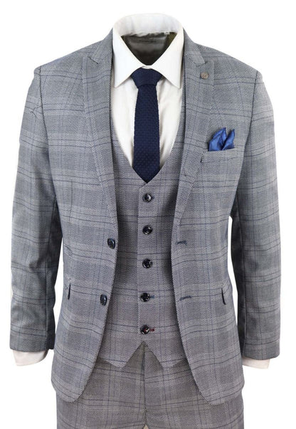 Mens 3 Piece Grey Birdseye Check Classic Suit - Upperclass Fashions 