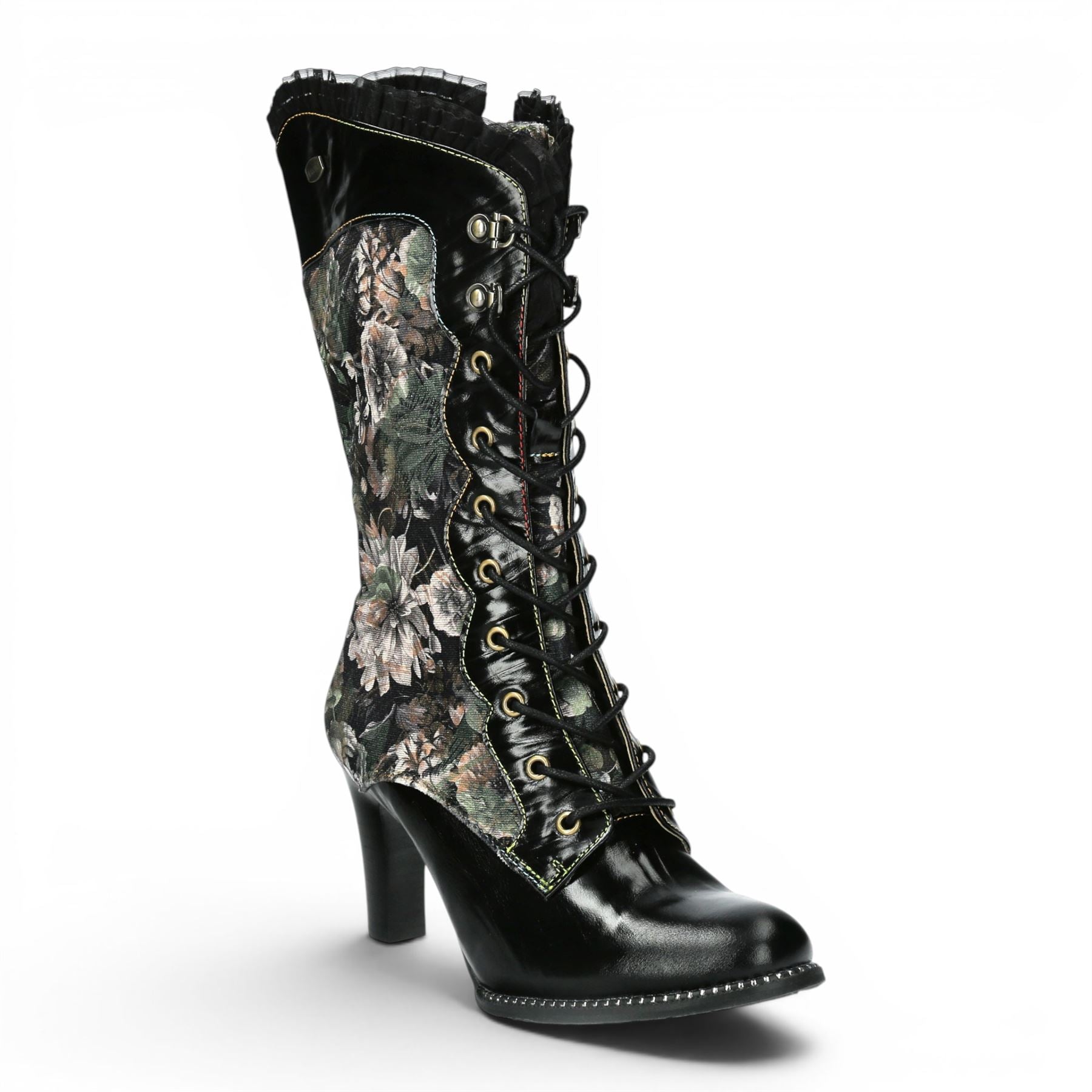 Laura Vita Floral Womens Goth Victorian Black Leather Heeled High Boots - Alcbane-351
