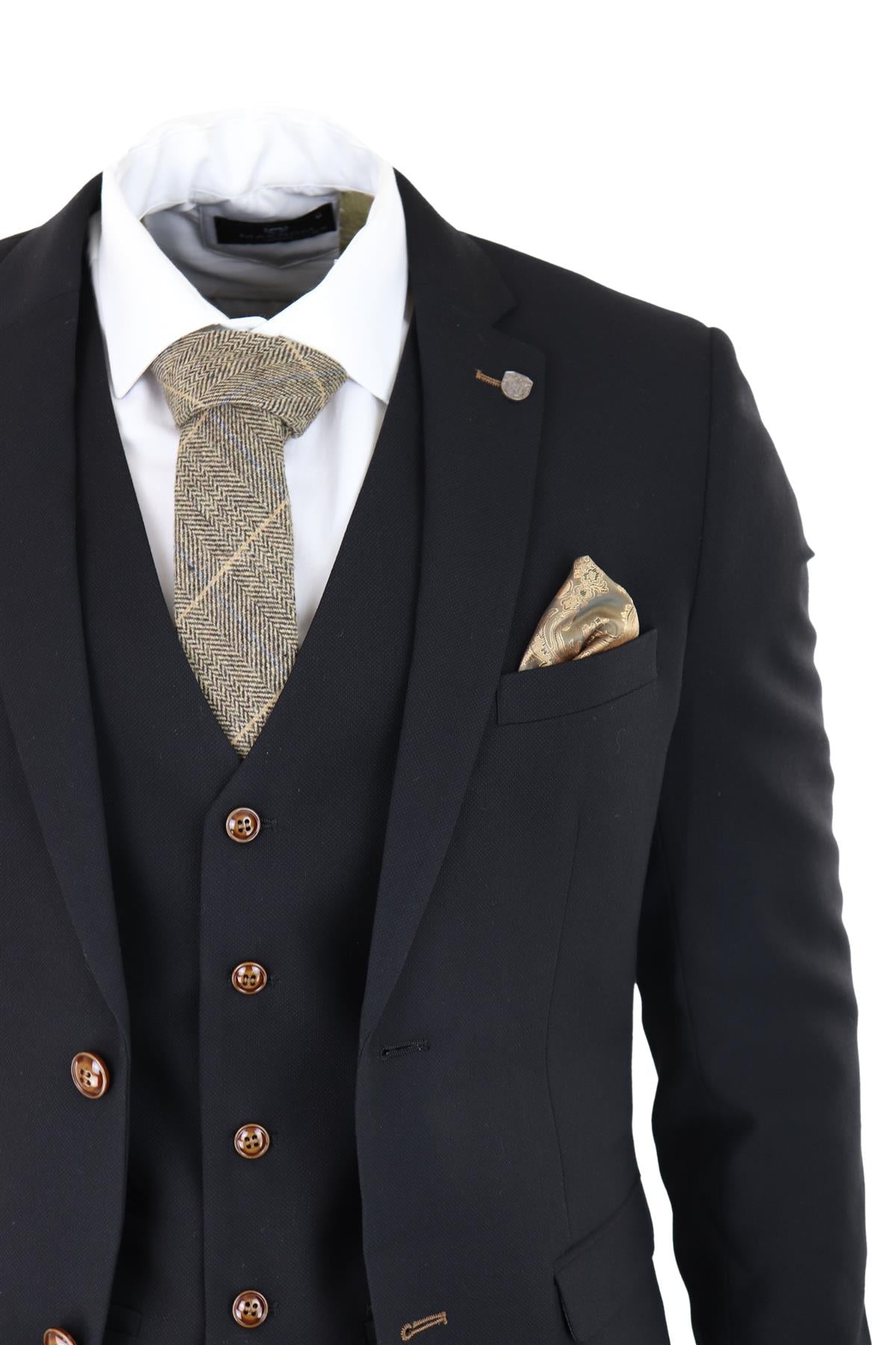 Mens Black 3 piece Suit Brown Trim Classic Birdseye Vintage Wedding Grooms