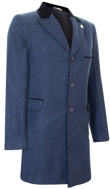 Mens 3/4 Long Navy Crombie Overcoat Jacket Herringbone Tweed Coat Peaky Blinder