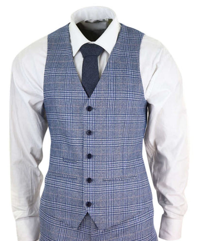 Mens 3 Piece Blue Grey Tweed Check Vintage Retro Suit