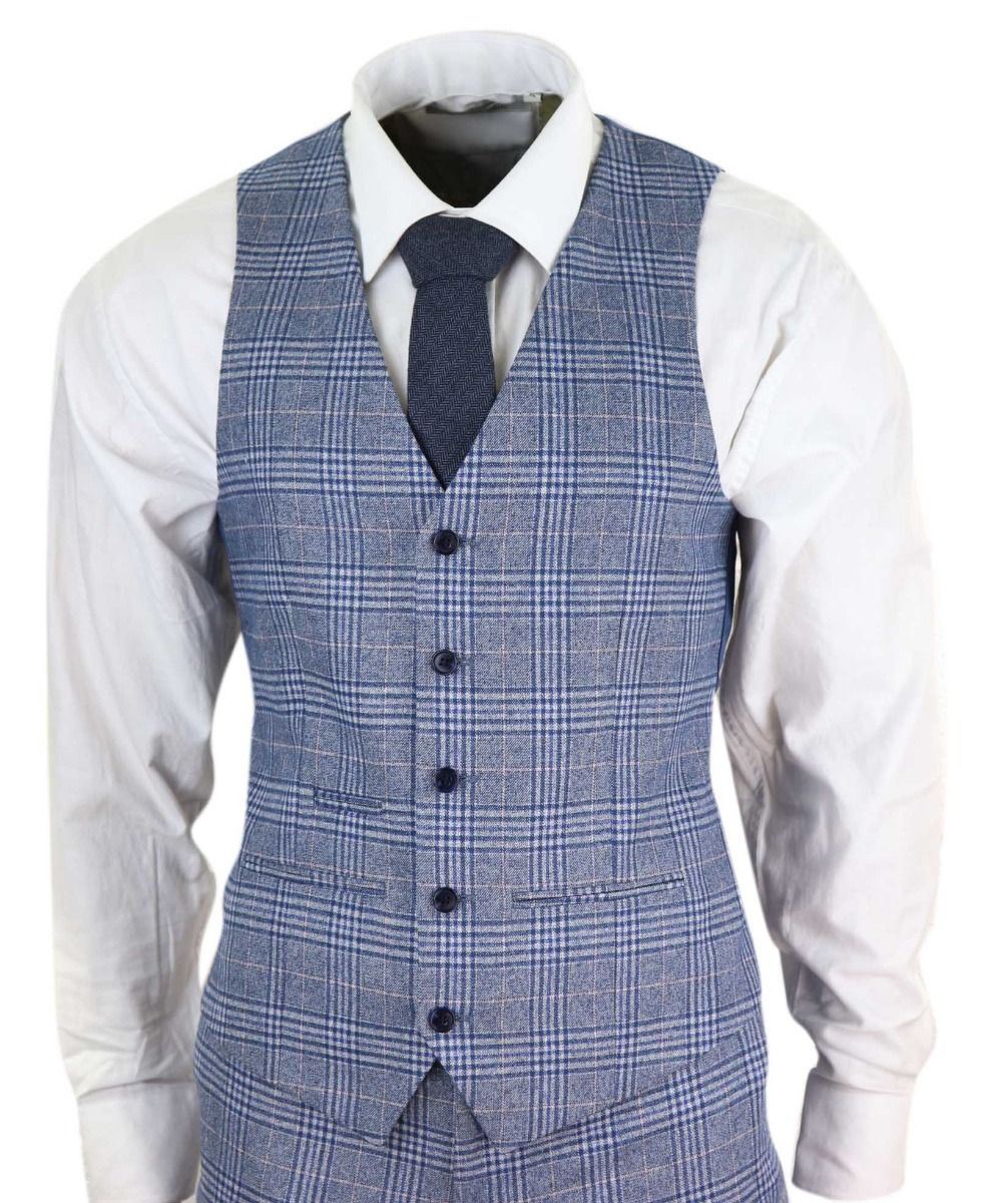 Mens 3 Piece Blue Grey Tweed Check Vintage Retro Suit - Upperclass Fashions 