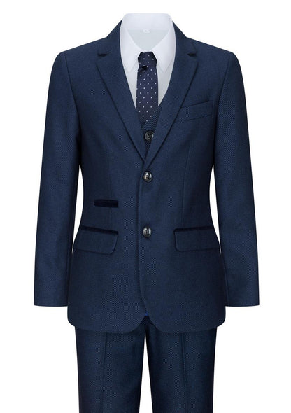 Boys 3 Piece Navy Blue Birdseye Tweed Suit