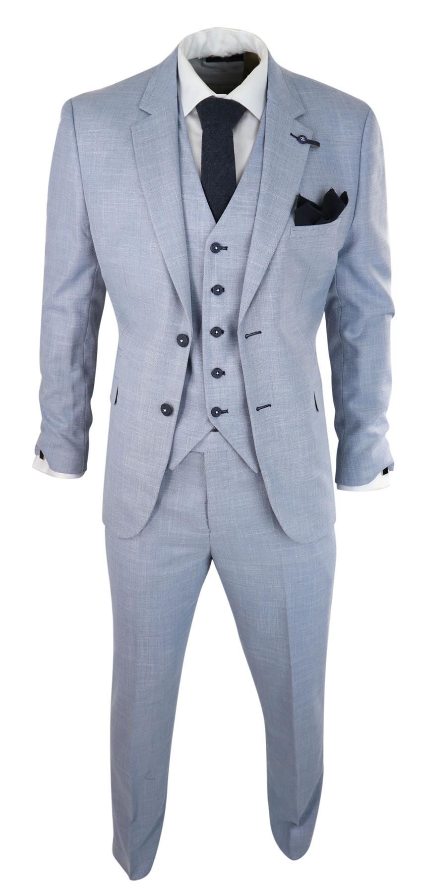 Mens 3 Piece Linen Suit Light Blue Summer Tailored Fit Wedding Prom Classic Suit - Upperclass Fashions 