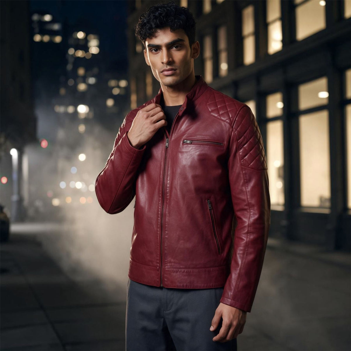 Mens Leather Quilted Shoulder Biker Jacket - Rock