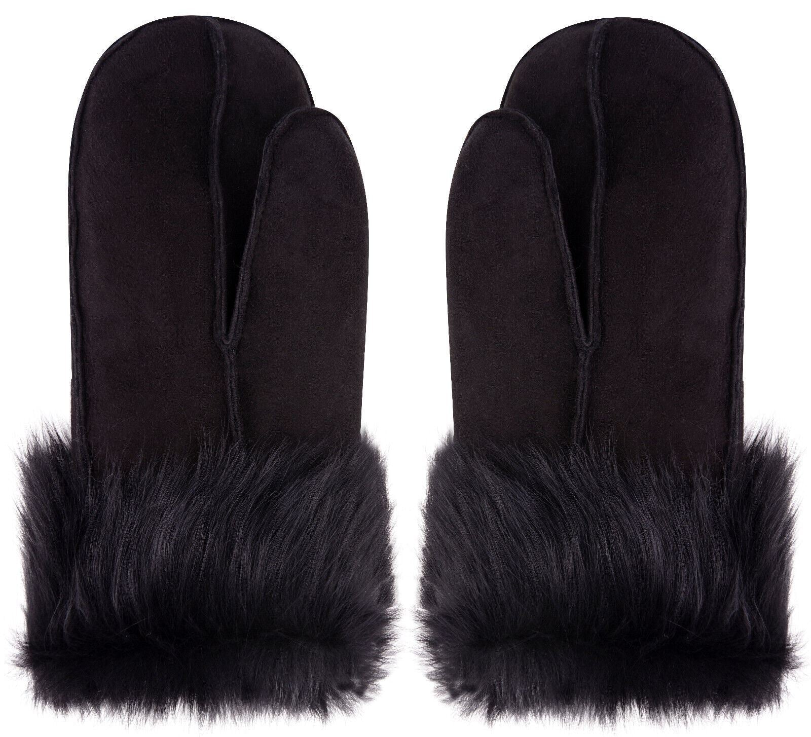 Handmade REAL LEATHER SHEEPSKIN MITTENS SHEARLING BLACK MITTS GLOVES THICK WARM