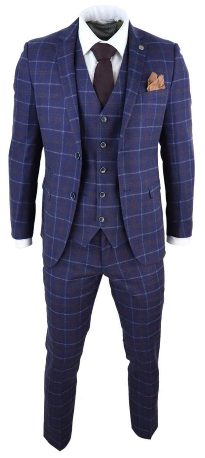 Mens 3 Piece Navy Blue Wool Check Retro Suit - Upperclass Fashions 