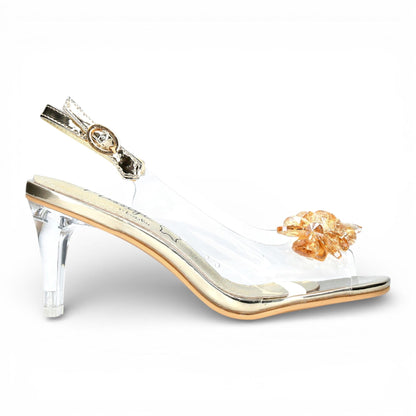 Laura Vita Women’s Mira 01 Clear Golden Slip-On Cinderella Heel Sandals