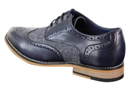 Mens Classic Oxford Tweed Brogue Shoes in Navy Leather - Upperclass Fashions 