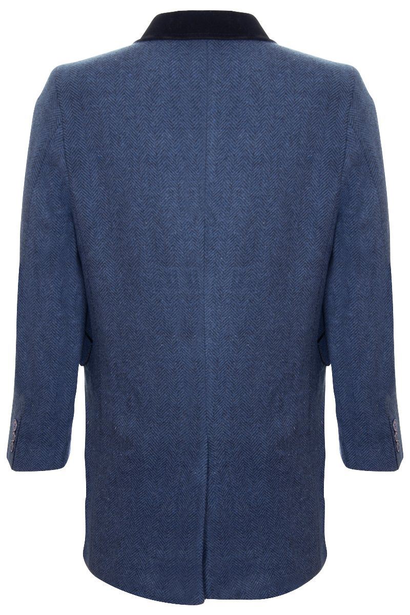 Mens 3/4 Long Navy Crombie Overcoat Jacket Herringbone Tweed Coat Peaky Blinder