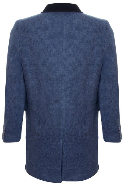 Mens 3/4 Long Navy Crombie Overcoat Jacket Herringbone Tweed Coat Peaky Blinder