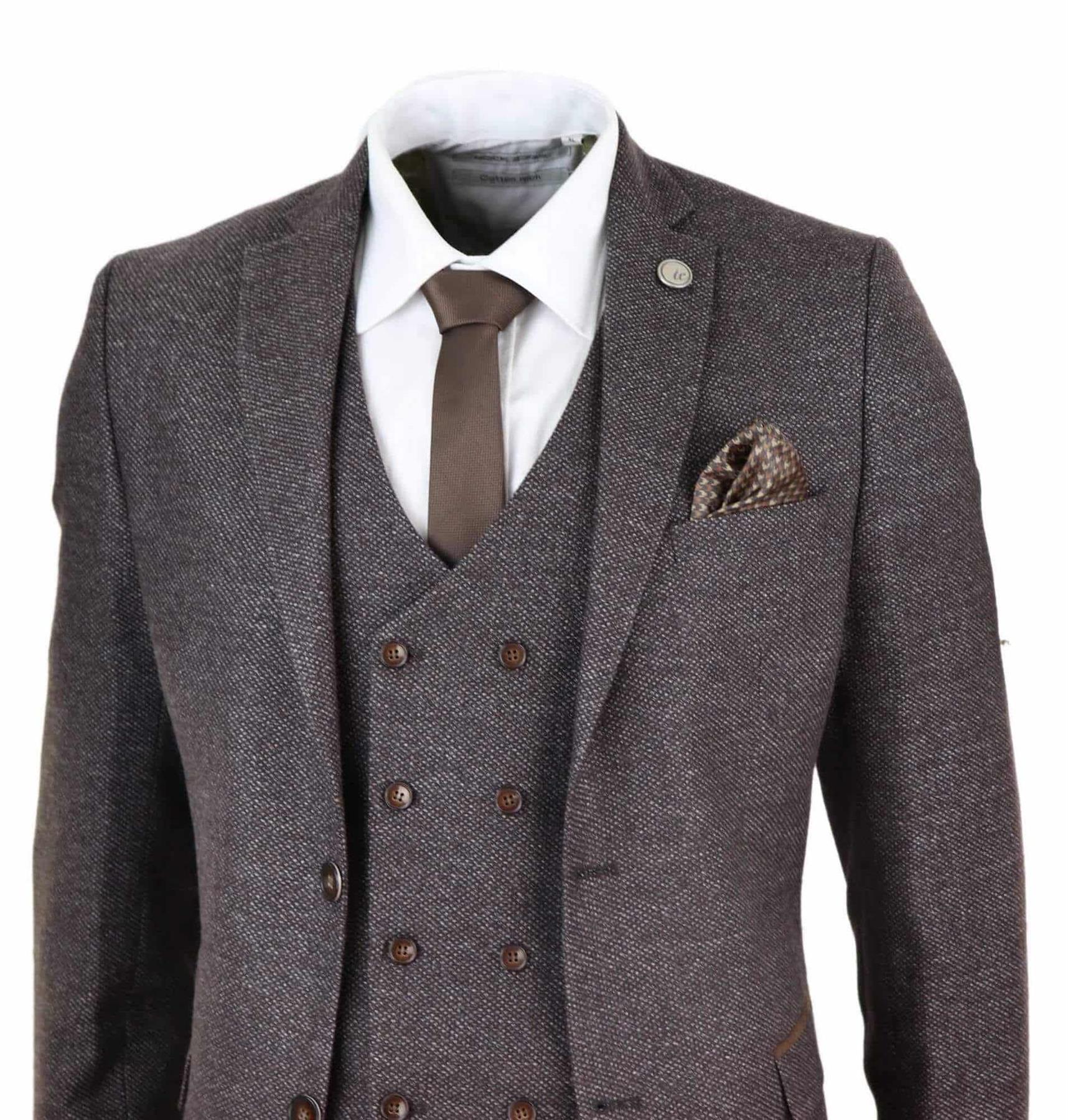 Mens Brown Wool 3 Piece Suit Double Breasted Tweed Peaky Blinders 1920 - Upperclass Fashions 