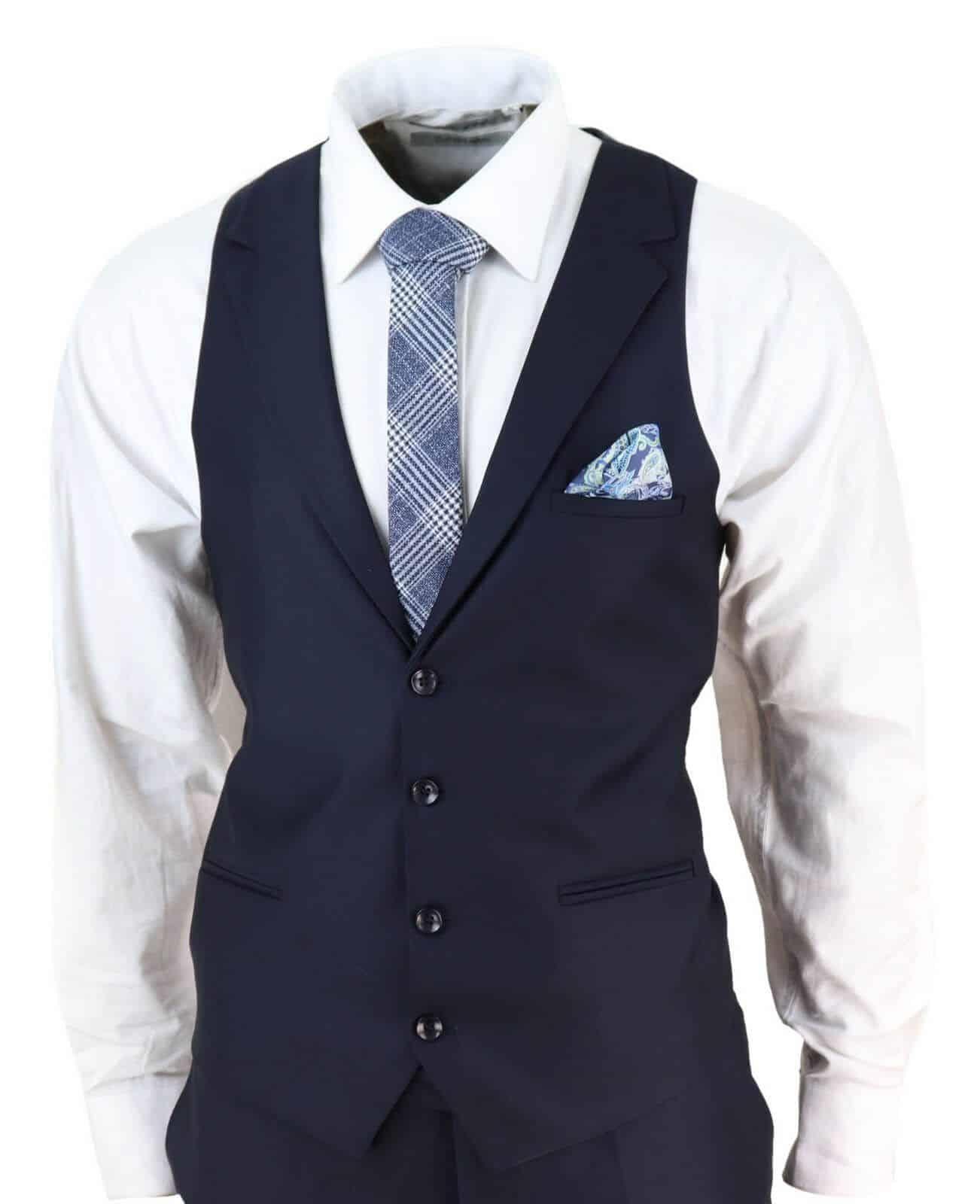 New Mens 3 Piece Suit Plain Navy Classic Tailored Fit Smart Casual 1920s Formal - Upperclass Fashions 