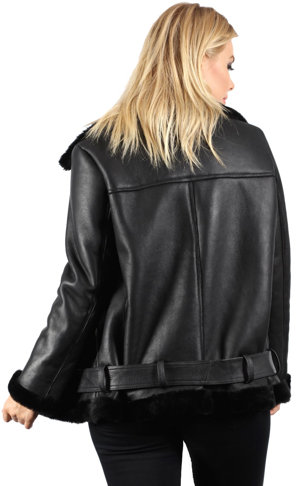 Womens Sheepskin Aviator Black Biker Jacket-Peterlee