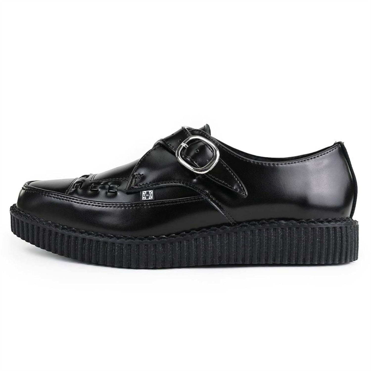 TUK Pointed Creeper Black Leather Monk Buckle Platform Shoes - A8520