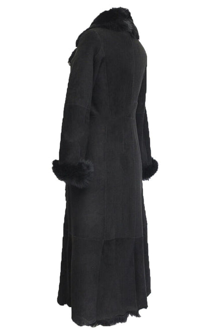 Womens Black Suede Toscana Sheepskin Hooded Trench Coat-Fribourg